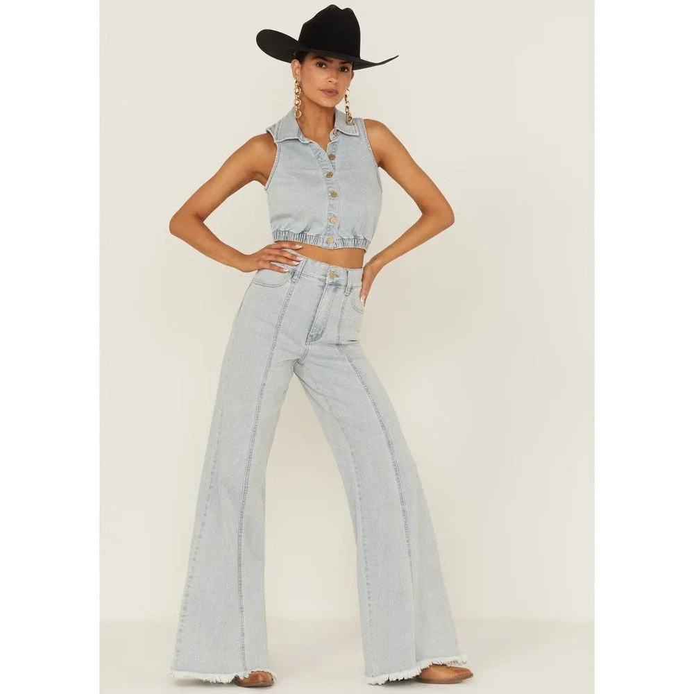 SHOW ME YOUR MUMU Sz‎ 27 Ashbury Glacier Blue Denim Wide Leg Jeans Western Boho